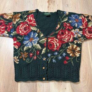 VINTAGE BUSHWACKER floral Crochet Knit Floral Scalloped Grandma Cardiagn Size SM